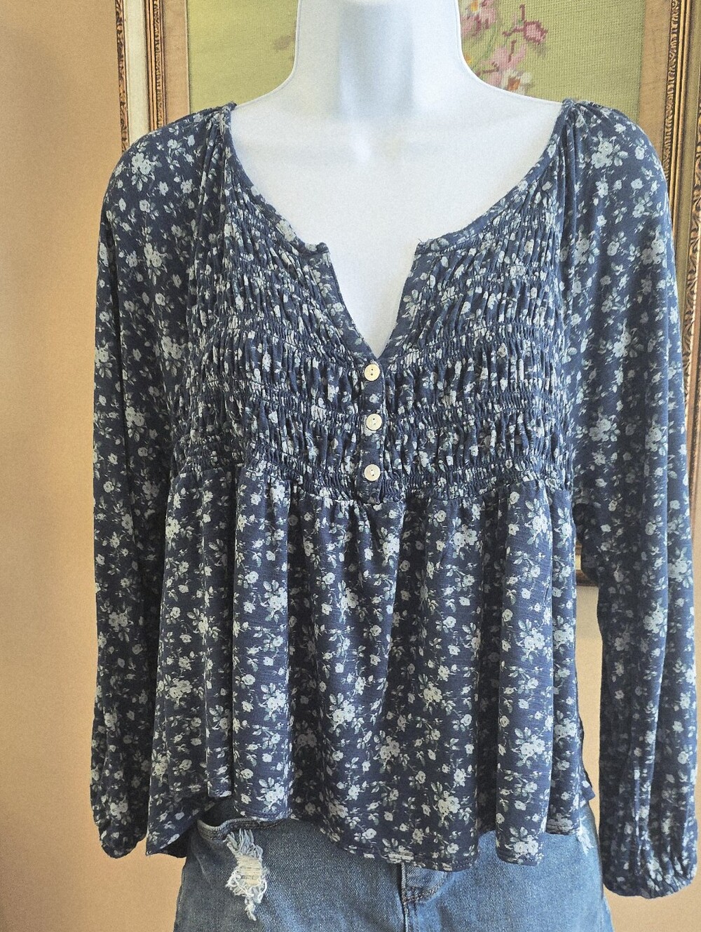 Lucky Brand Blue Floral Smocked Peasant Top